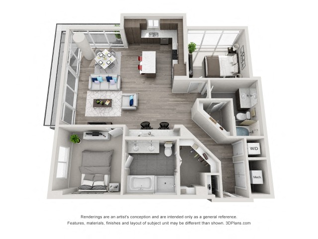 Floor plan for 2 beds, 2 baths, 1360 sqft